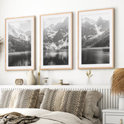 Glacier National Park – Black White Mountain Posters Wall Art- Natural Wood Framed Poster with White Border - Artworksets