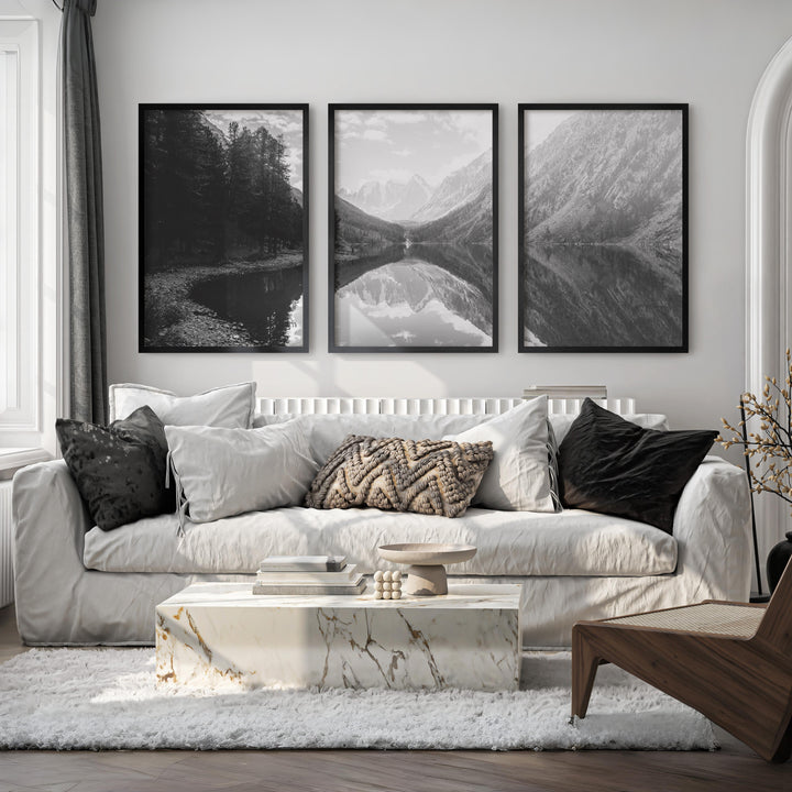 Glacier National Park Triptych – Black White Mountain Lake Wall Art Set of 3 - Black Framed Poster No Border - Artworksets
