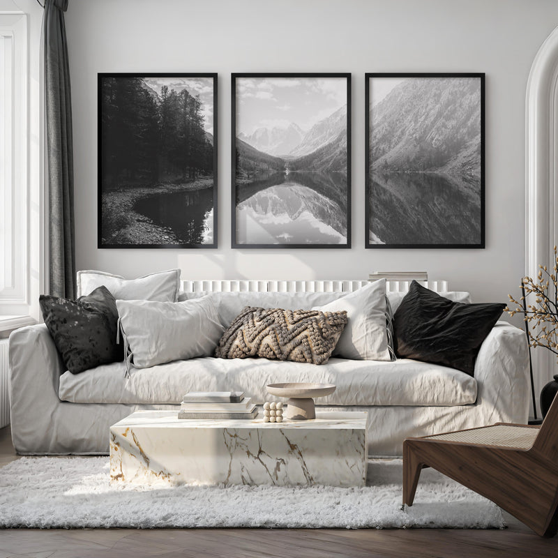 Glacier National Park Triptych – Black White Mountain Lake Wall Art Set of 3 - Black Framed Poster No Border - Artworksets