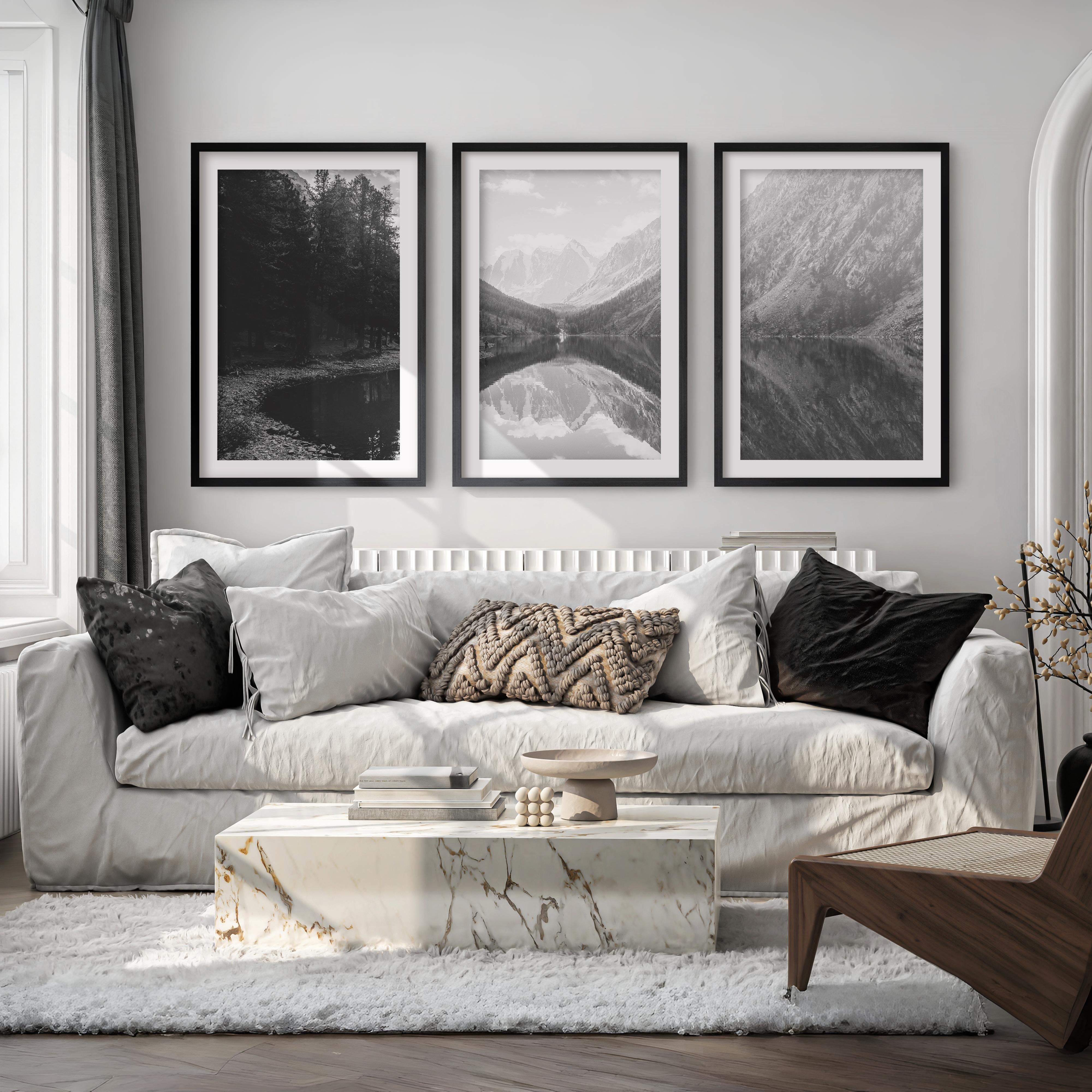 Glacier National Park Triptych – Black White Mountain Lake Wall Art Set of 3 - Black Framed Poster with White Border - Artworksets