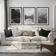 Glacier National Park Triptych – Black White Mountain Lake Wall Art Set of 3 - Black Framed Poster with White Border - Artworksets