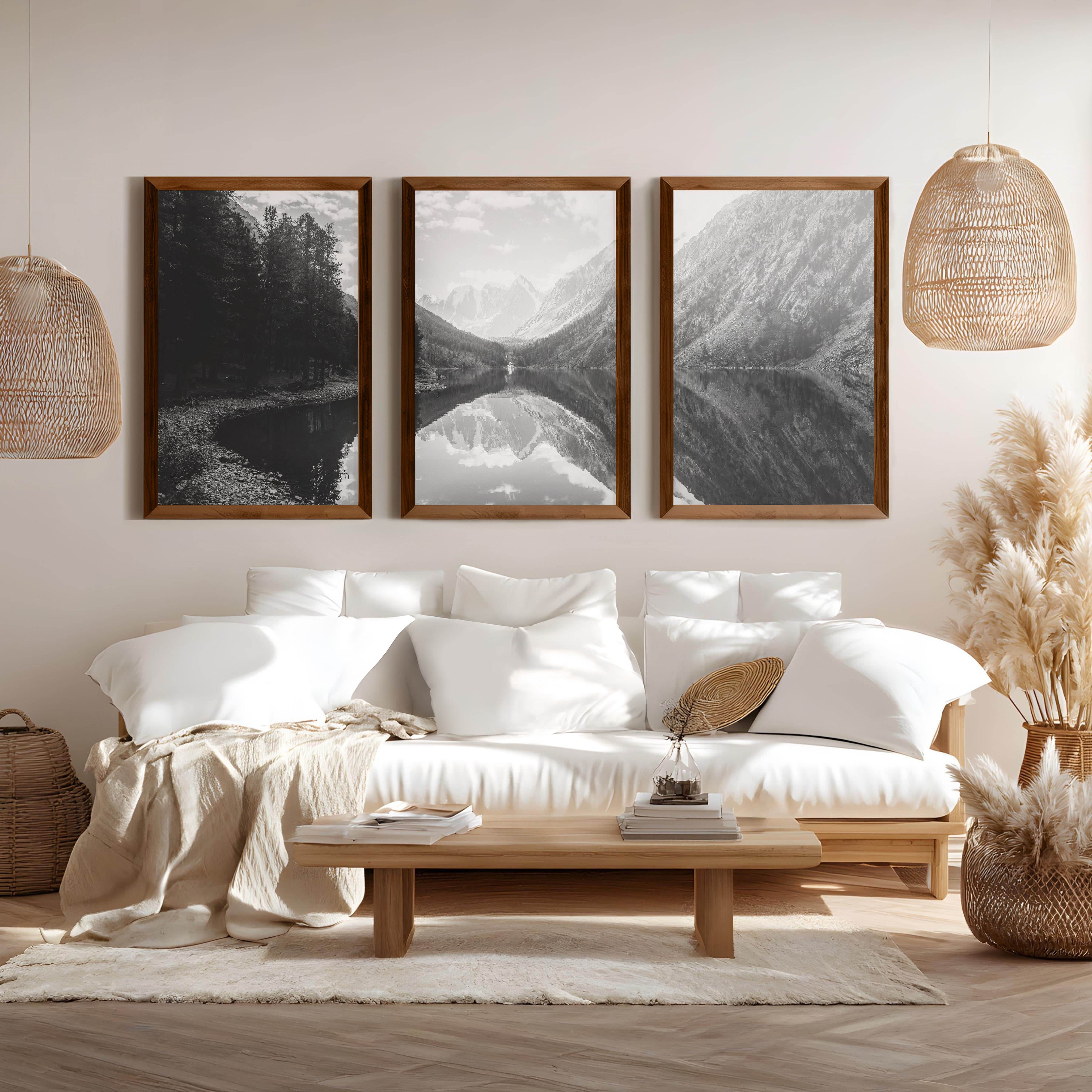 Glacier National Park Triptych – Black White Mountain Lake Wall Art Set of 3 - Dark Brown Framed Poster No Border - Artworksets