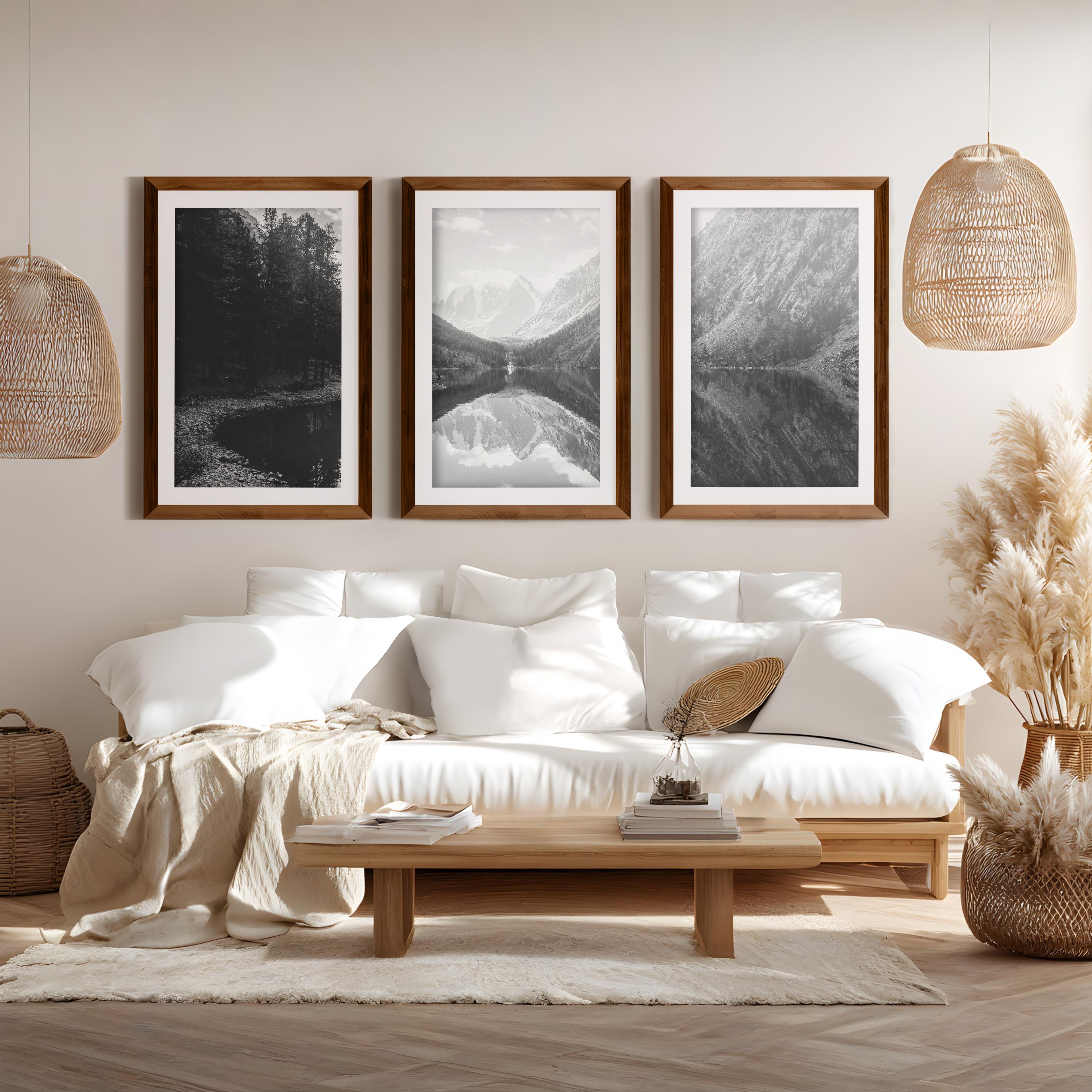 Glacier National Park Triptych – Black White Mountain Lake Wall Art Set of 3 - Dark Brown Framed Poster with White Border - Artworksets