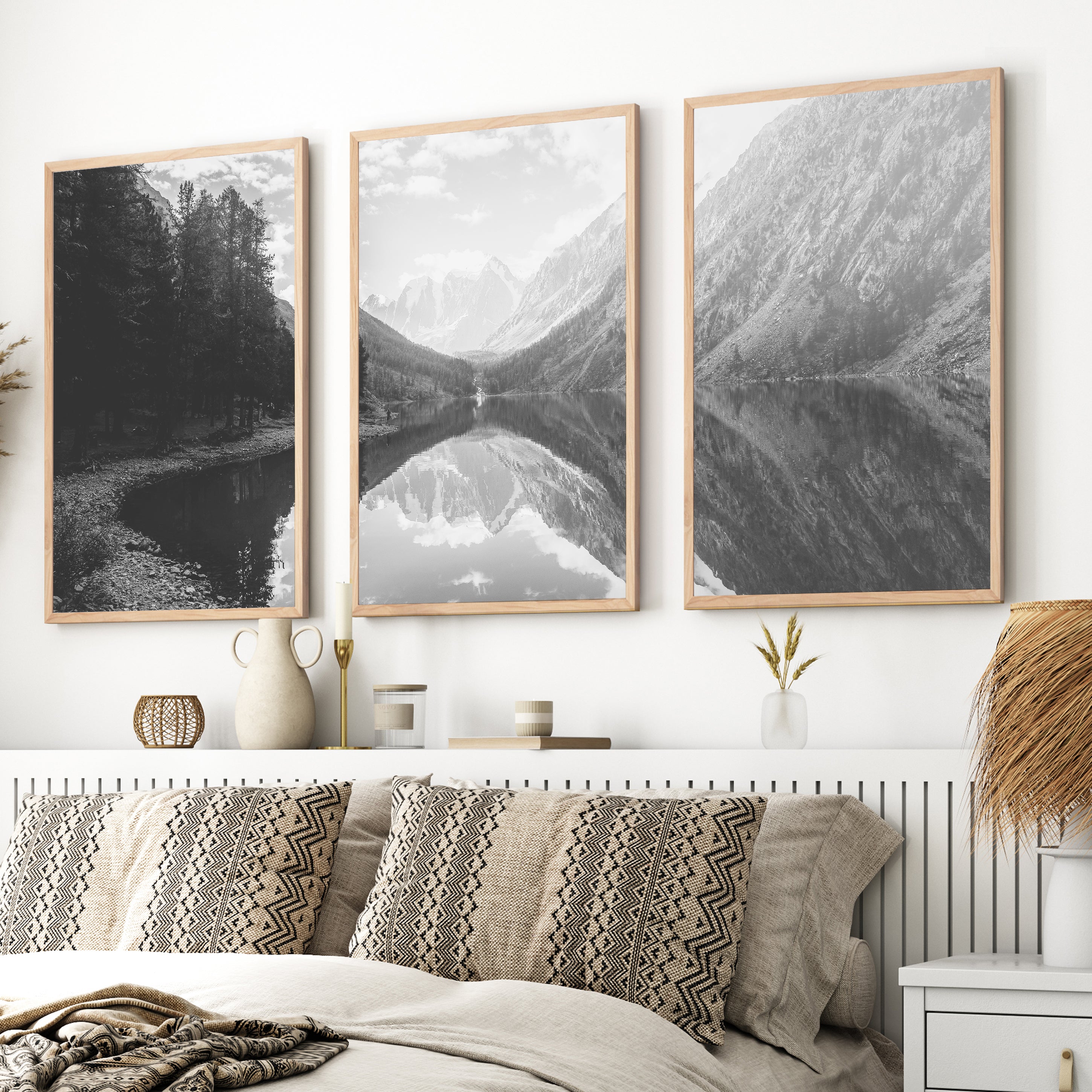 Glacier National Park Triptych – Black White Mountain Lake Wall Art Set of 3 - Natural Wood Framed Poster No Border - Artworksets
