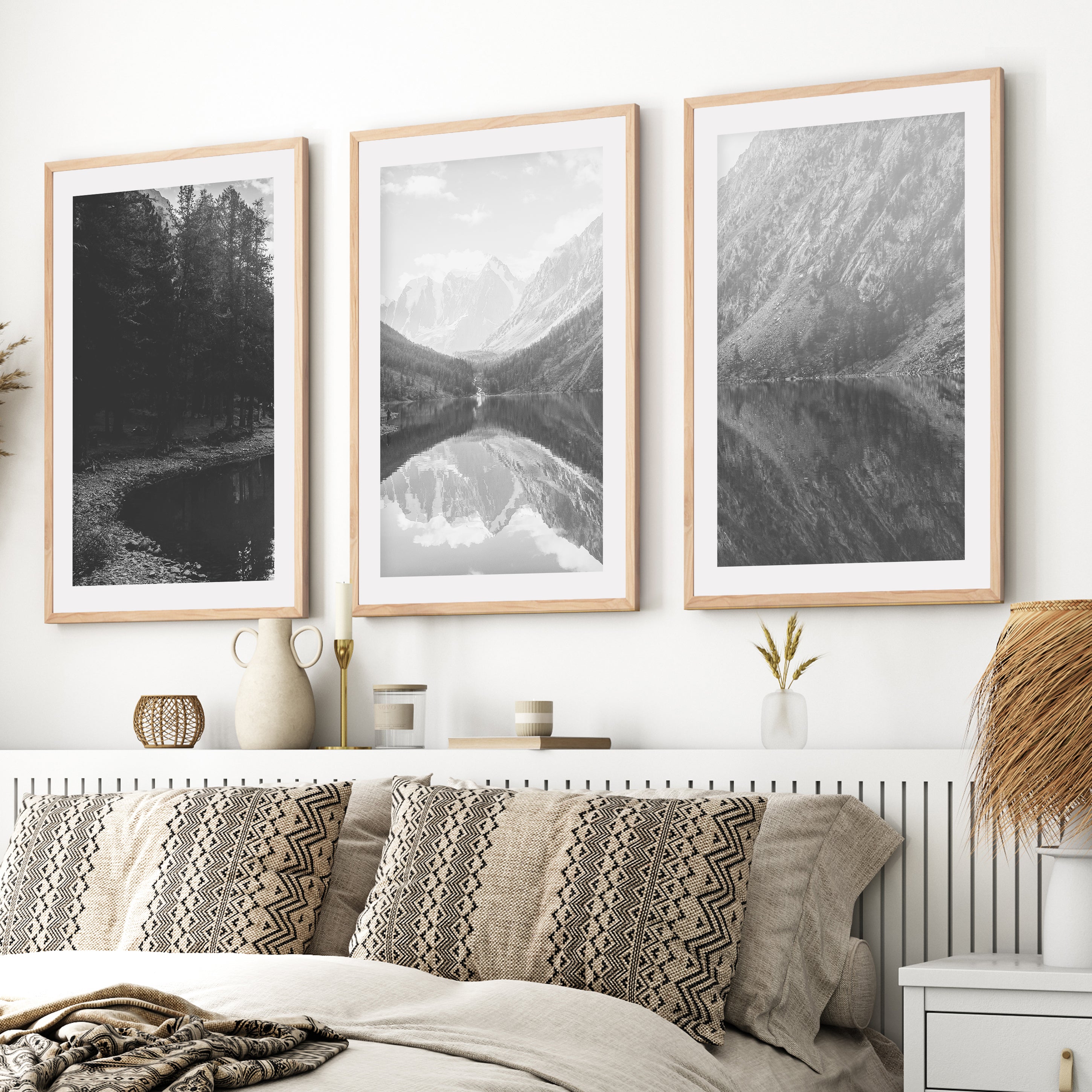 Glacier National Park Triptych – Black White Mountain Lake Wall Art Set of 3- Natural Wood Framed Poster with White Border - Artworksets