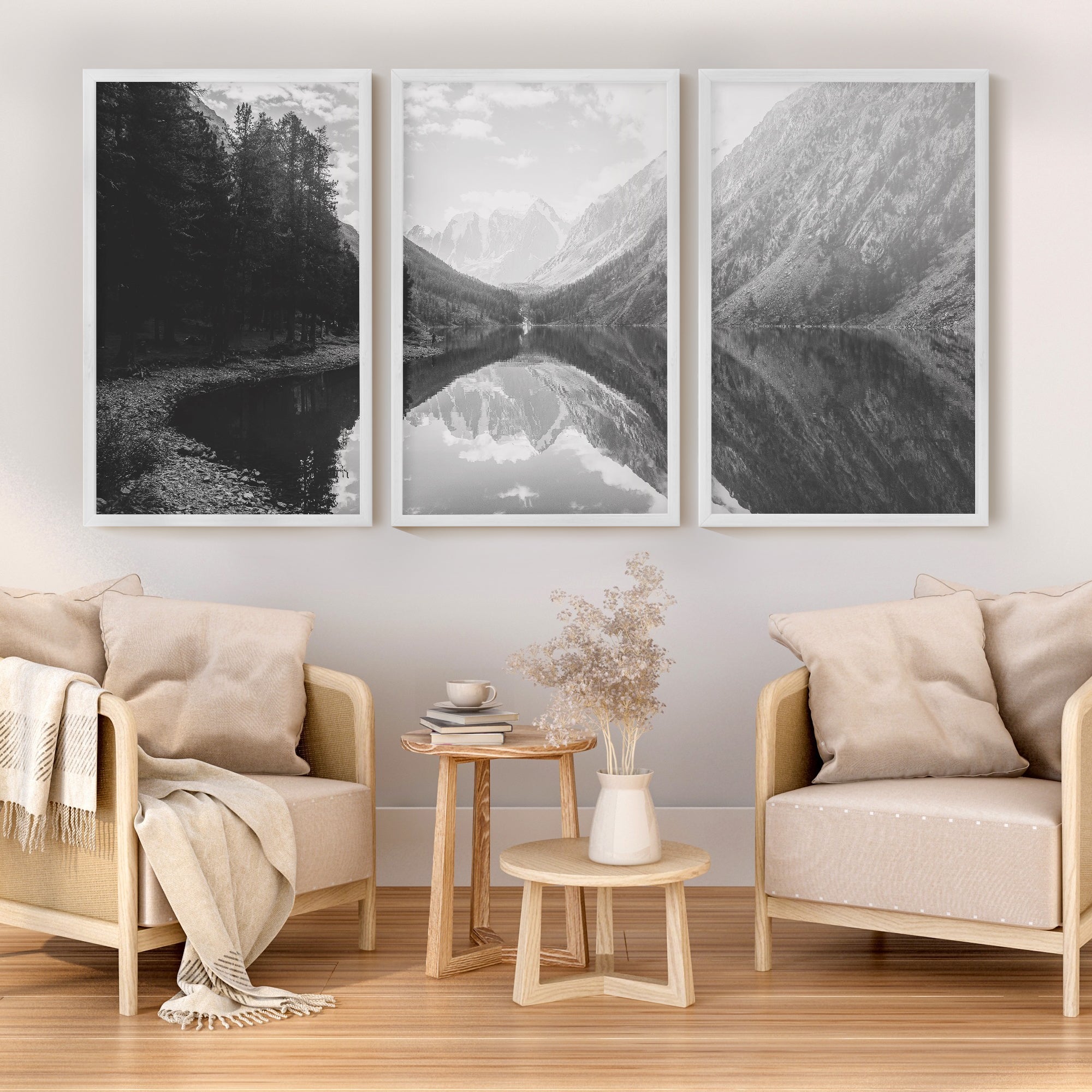 Glacier National Park Triptych – Black White Mountain Lake Wall Art Set of 3 - White Framed Poster No Border - Artworksets
