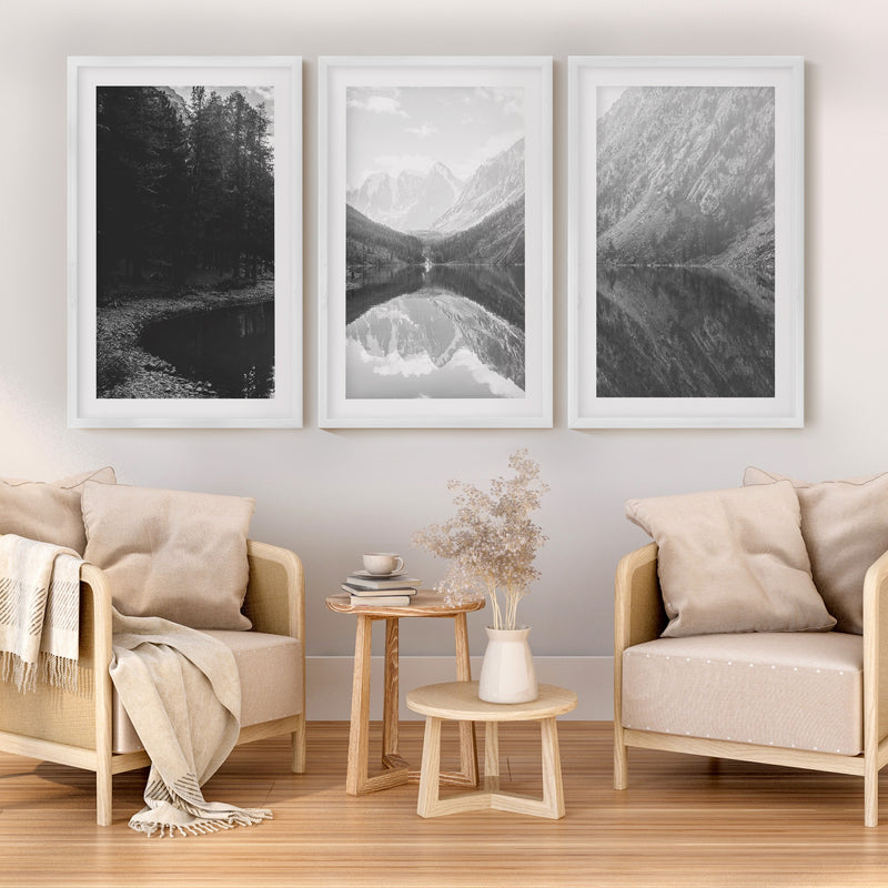 Glacier National Park Triptych – Black White Mountain Lake Wall Art Set of 3 - White Framed Poster with White Border - Artworksets