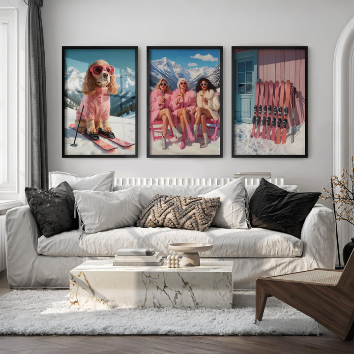 Glam Ski Set of 3 Wall Art: Pink Dog, Ski Girls, Cabin Print - Black Framed Poster No Border - Artworksets