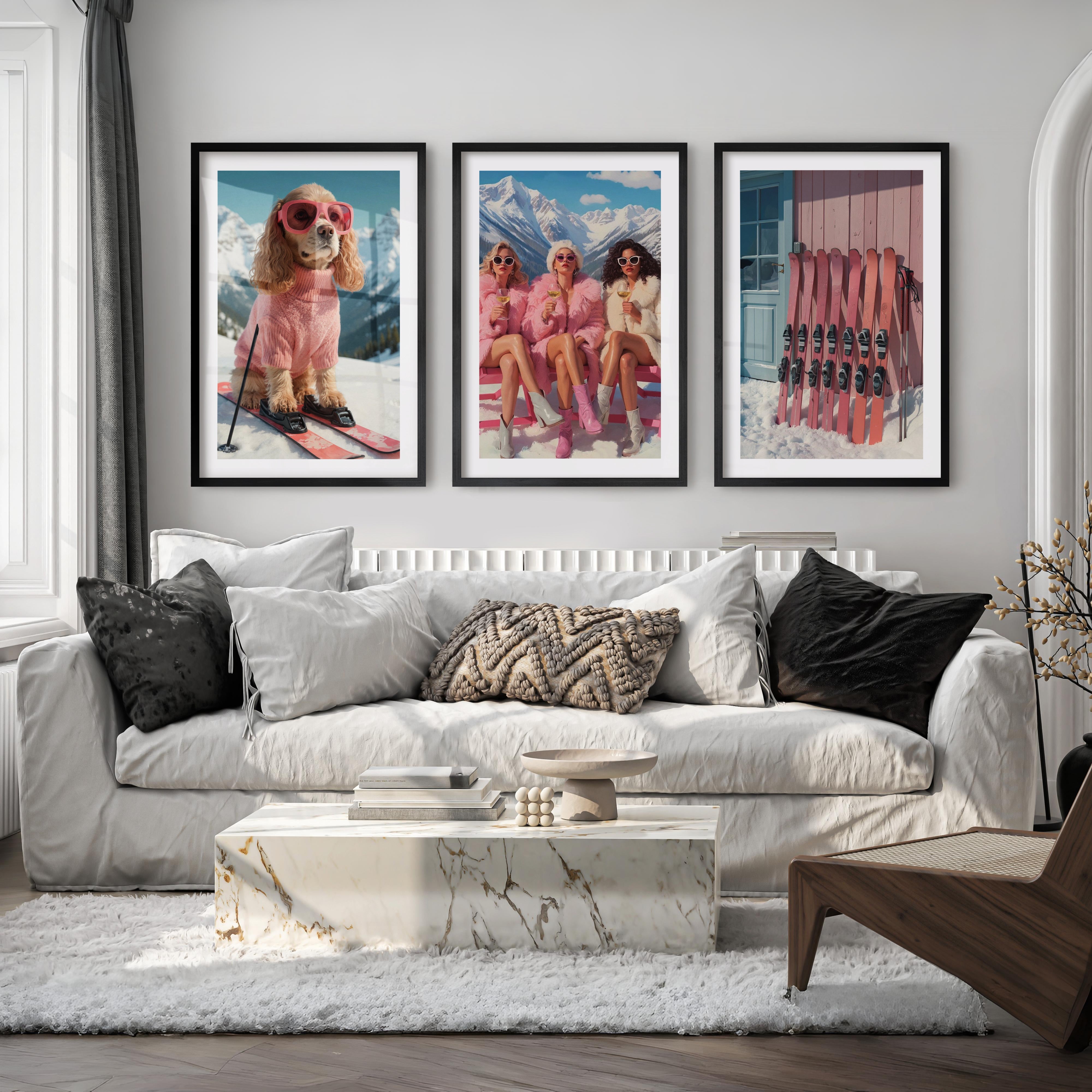 Glam Ski Set of 3 Wall Art: Pink Dog, Ski Girls, Cabin Print - Black Framed Poster with White Border - Artworksets