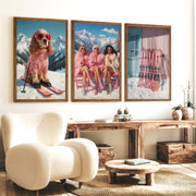 Glam Ski Set of 3 Wall Art: Pink Dog, Ski Girls, Cabin Print - Dark Brown Framed Poster No Border - Artworksets