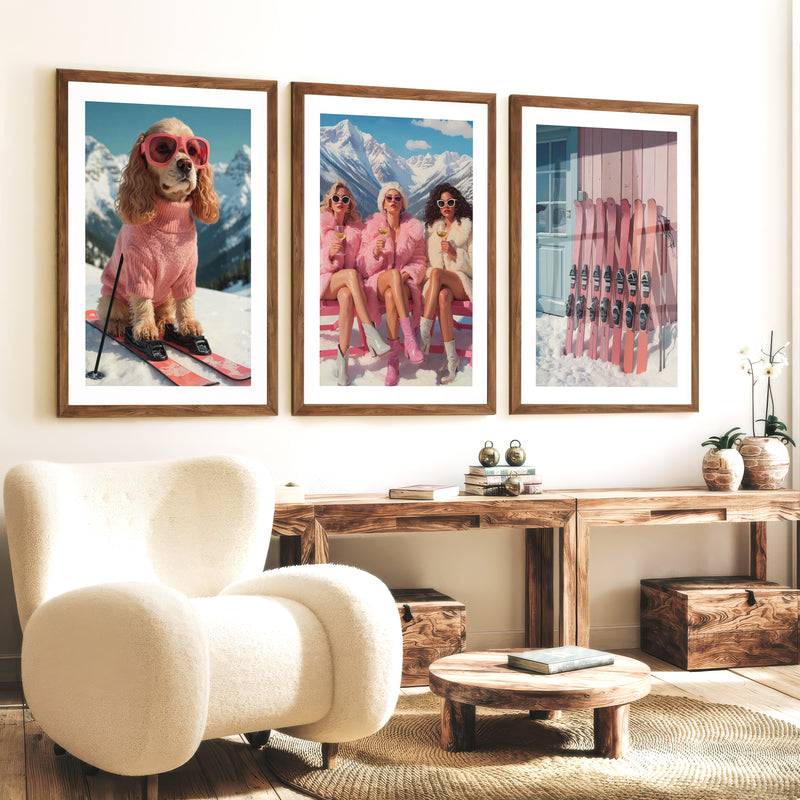 Glam Ski Set of 3 Wall Art: Pink Dog, Ski Girls, Cabin Print - Dark Brown Framed Poster with White Border - Artworksets