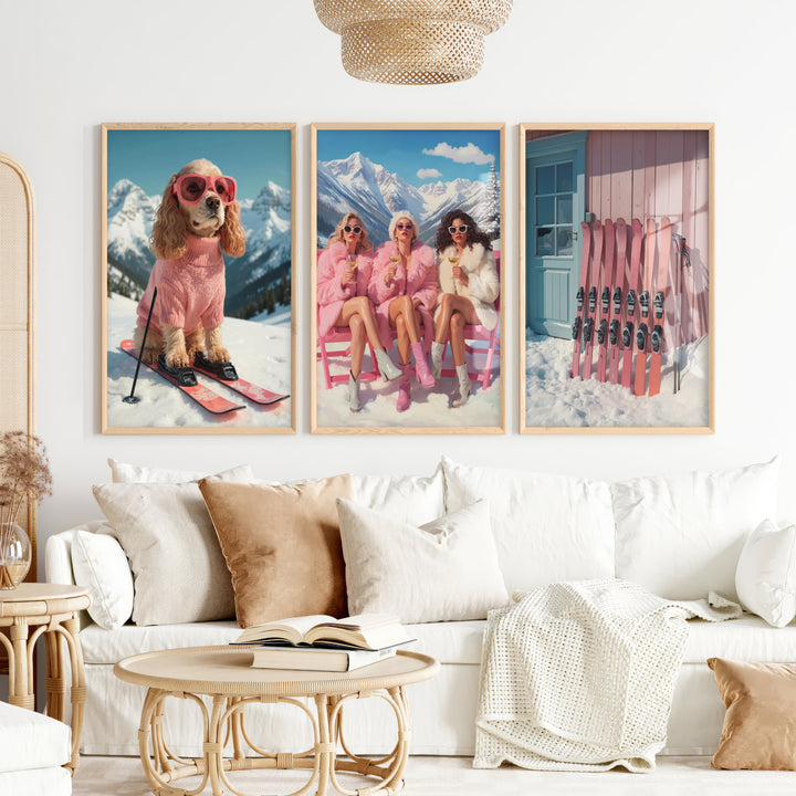 Glam Ski Set of 3 Wall Art: Pink Dog, Ski Girls, Cabin Print - Natural Wood Framed Poster No Border - Artworksets