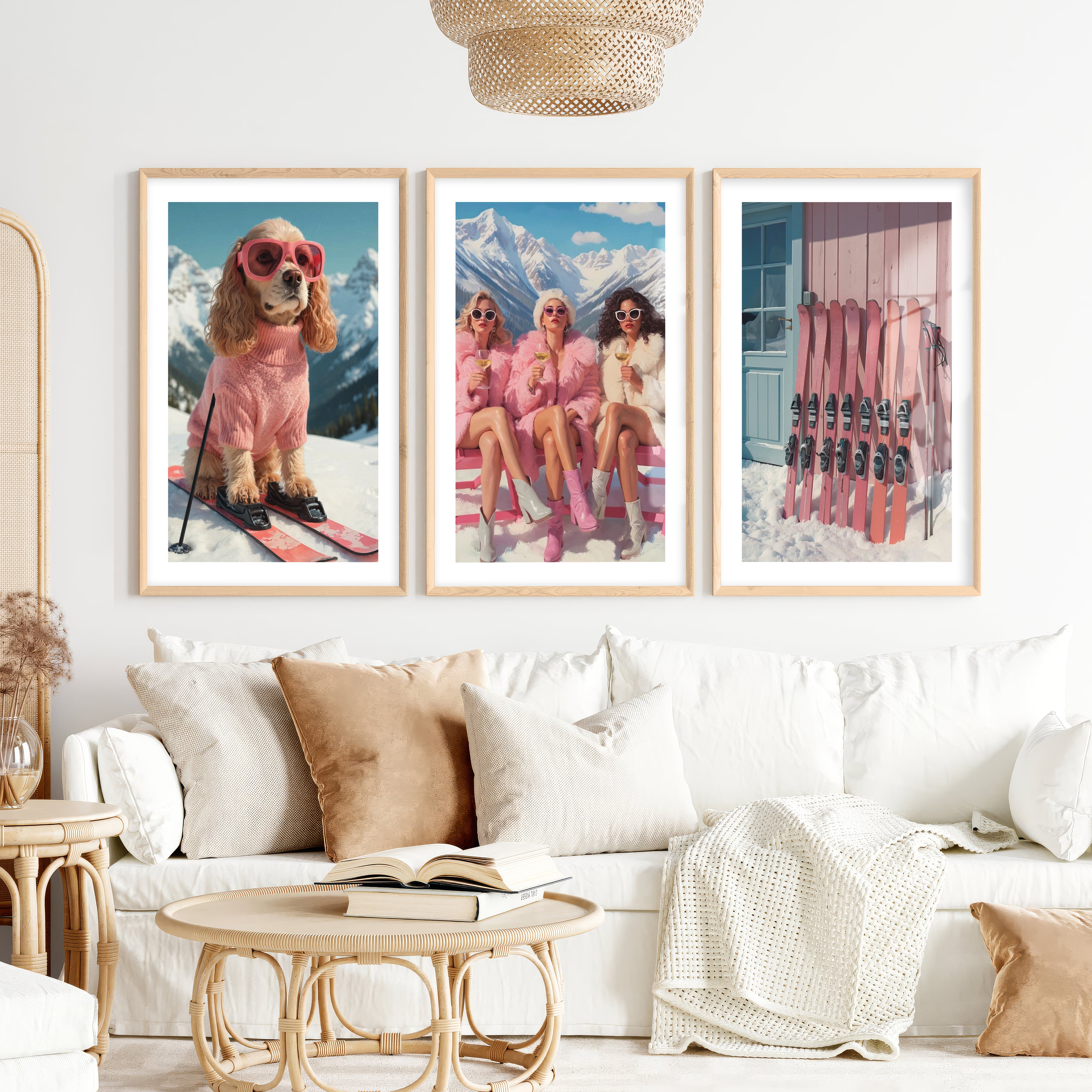 Glam Ski Set of 3 Wall Art: Pink Dog, Ski Girls, Cabin Print- Natural Wood Framed Poster with White Border - Artworksets