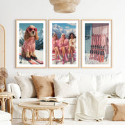Glam Ski Set of 3 Wall Art: Pink Dog, Ski Girls, Cabin Print- Natural Wood Framed Poster with White Border - Artworksets