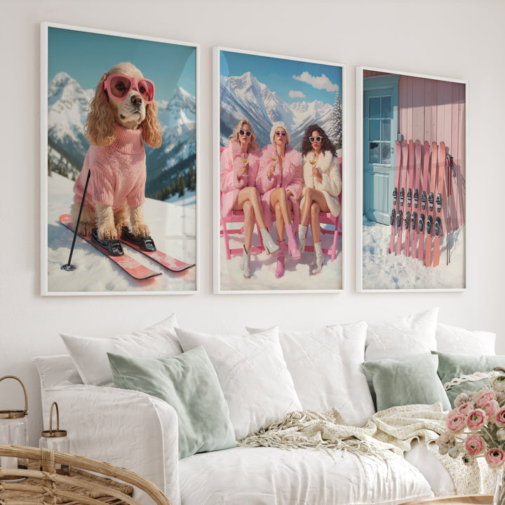 Glam Ski Set of 3 Wall Art: Pink Dog, Ski Girls, Cabin Print - White Framed Poster No Border - Artworksets