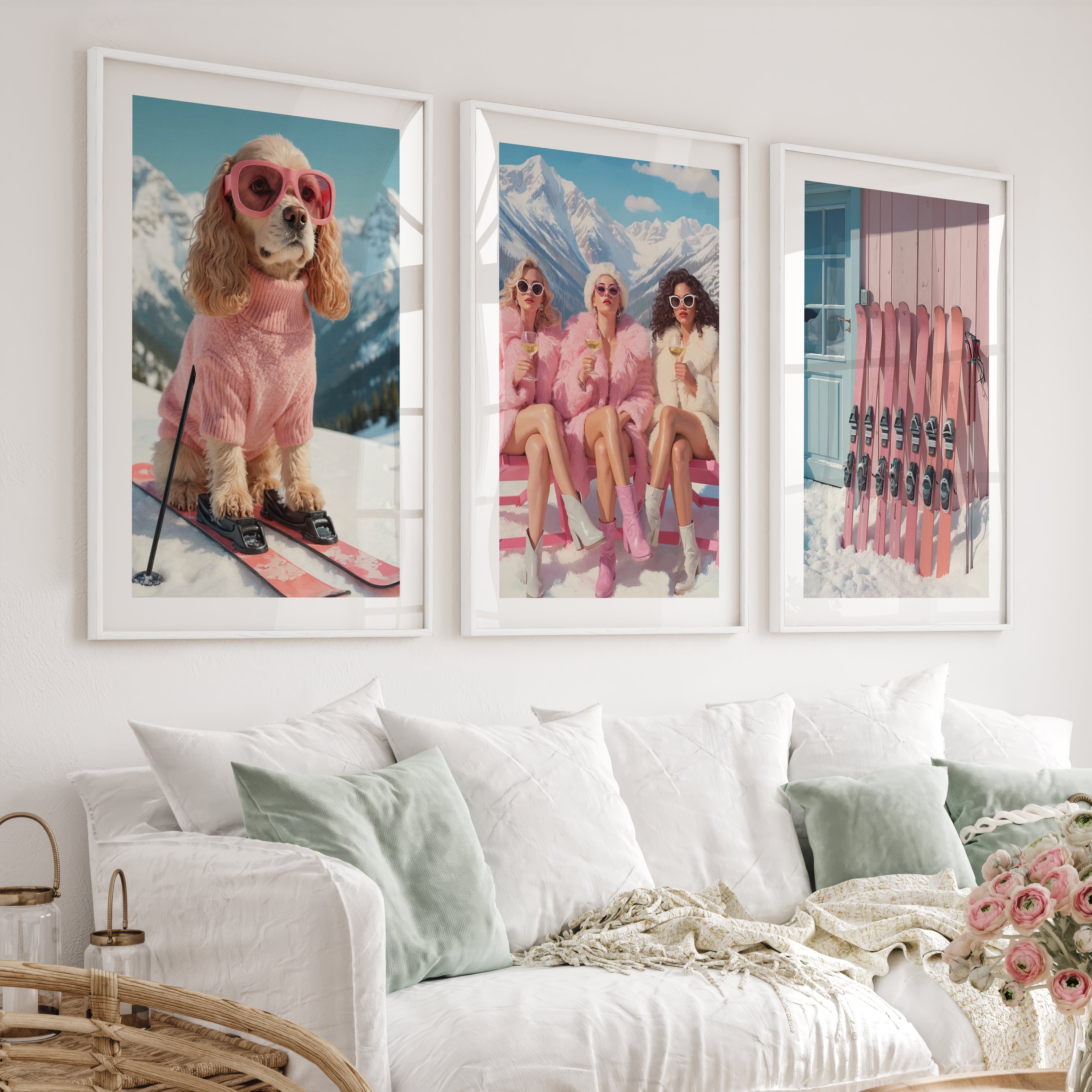Glam Ski Set of 3 Wall Art: Pink Dog, Ski Girls, Cabin Print - White Framed Poster with White Border - Artworksets
