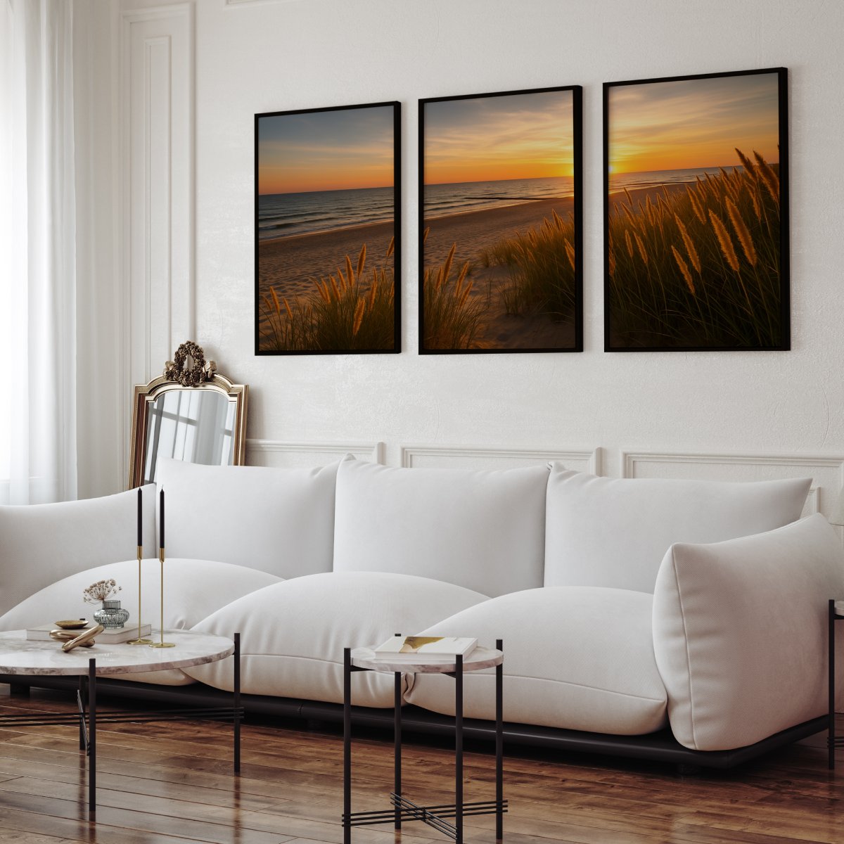 Golden Dune Sunset – 3-Panel Coastal Beach Wall Art - Black Framed Poster No Border - Artworksets