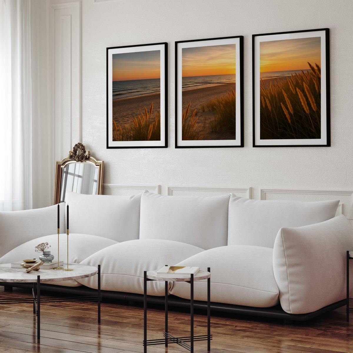 Golden Dune Sunset – 3-Panel Coastal Beach Wall Art - Black Framed Poster with White Border - Artworksets