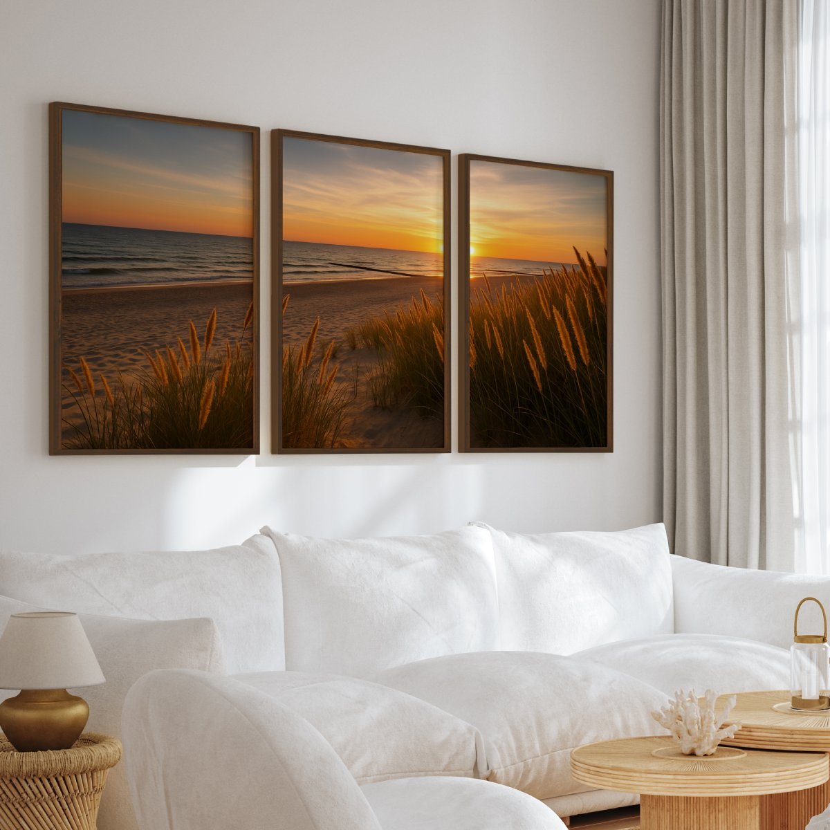 Golden Dune Sunset – 3-Panel Coastal Beach Wall Art - Dark Brown Framed Poster No Border - Artworksets