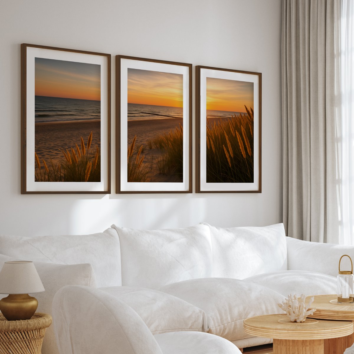 Golden Dune Sunset – 3-Panel Coastal Beach Wall Art - Dark Brown Framed Poster with White Border - Artworksets