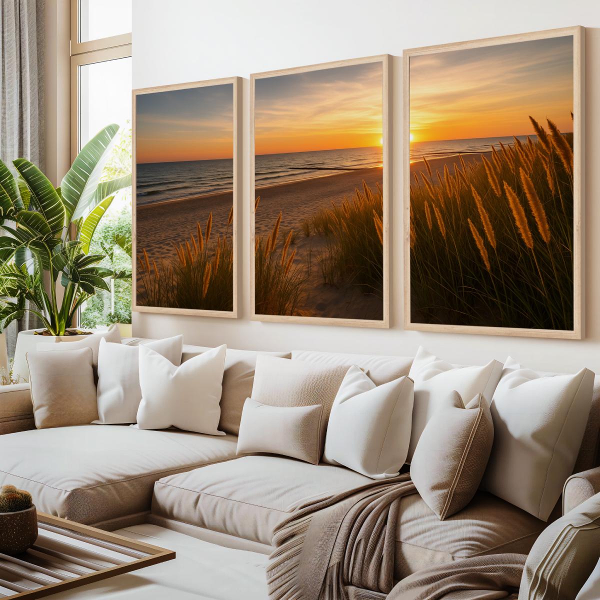 Golden Dune Sunset – 3-Panel Coastal Beach Wall Art - Natural Wood Framed Poster No Border - Artworksets