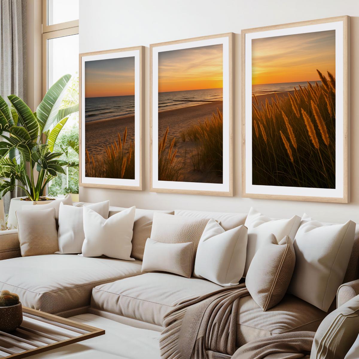 Golden Dune Sunset – 3-Panel Coastal Beach Wall Art- Natural Wood Framed Poster with White Border - Artworksets