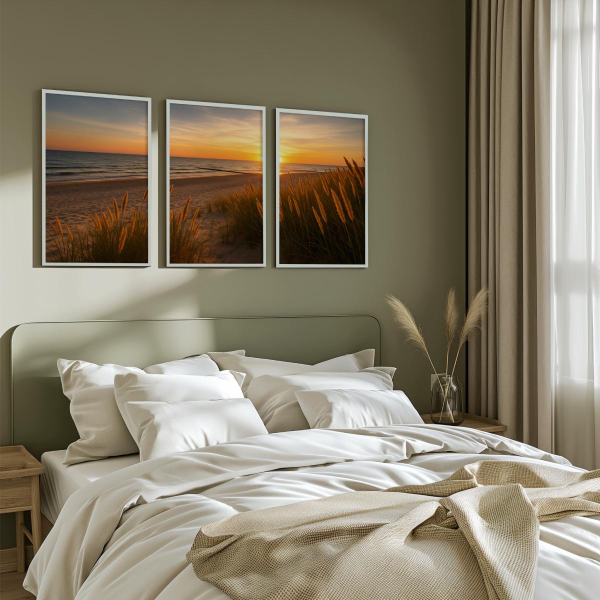 Golden Dune Sunset – 3-Panel Coastal Beach Wall Art - White Framed Poster No Border - Artworksets