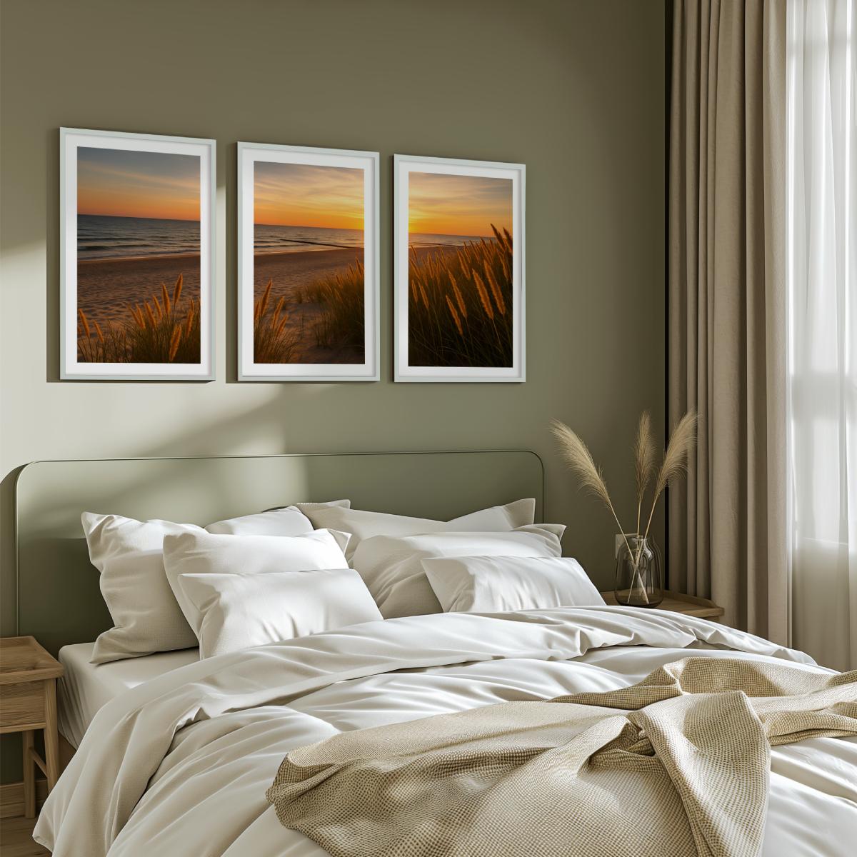 Golden Dune Sunset – 3-Panel Coastal Beach Wall Art - White Framed Poster with White Border - Artworksets