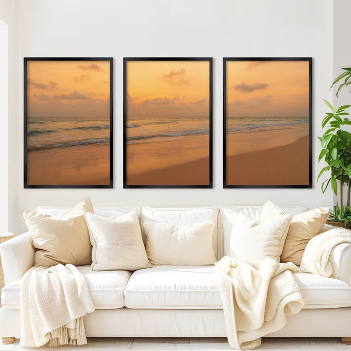 Golden Horizon Sunset Triptych – Warm Ocean View Wall Art

 - Black Framed Poster No Border - Artworksets