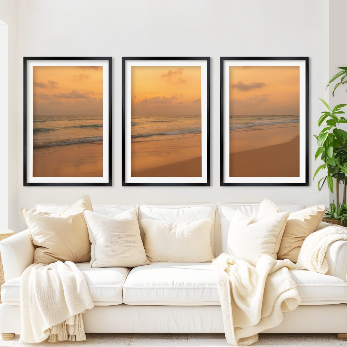 Golden Horizon Sunset Triptych – Warm Ocean View Wall Art

 - Black Framed Poster with White Border - Artworksets
