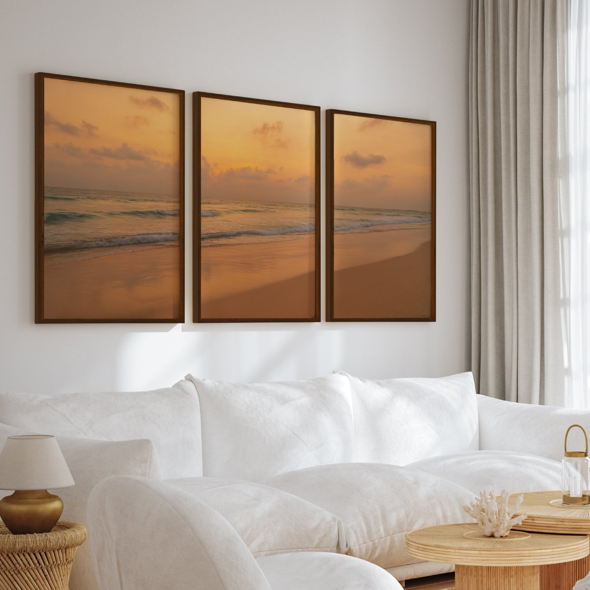 Golden Horizon Sunset Triptych – Warm Ocean View Wall Art

 - Dark Brown Framed Poster No Border - Artworksets