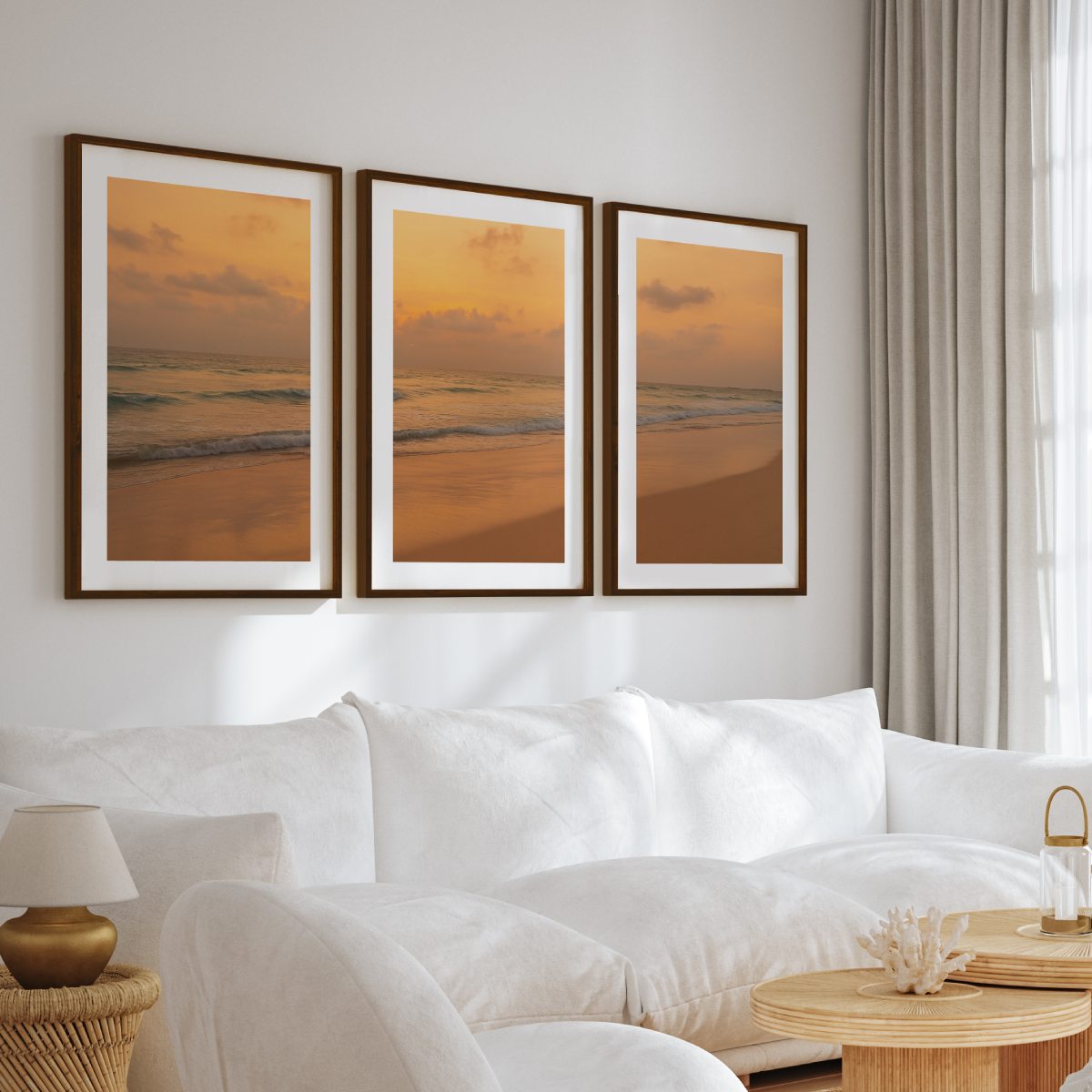 Golden Horizon Sunset Triptych – Warm Ocean View Wall Art

 - Dark Brown Framed Poster with White Border - Artworksets