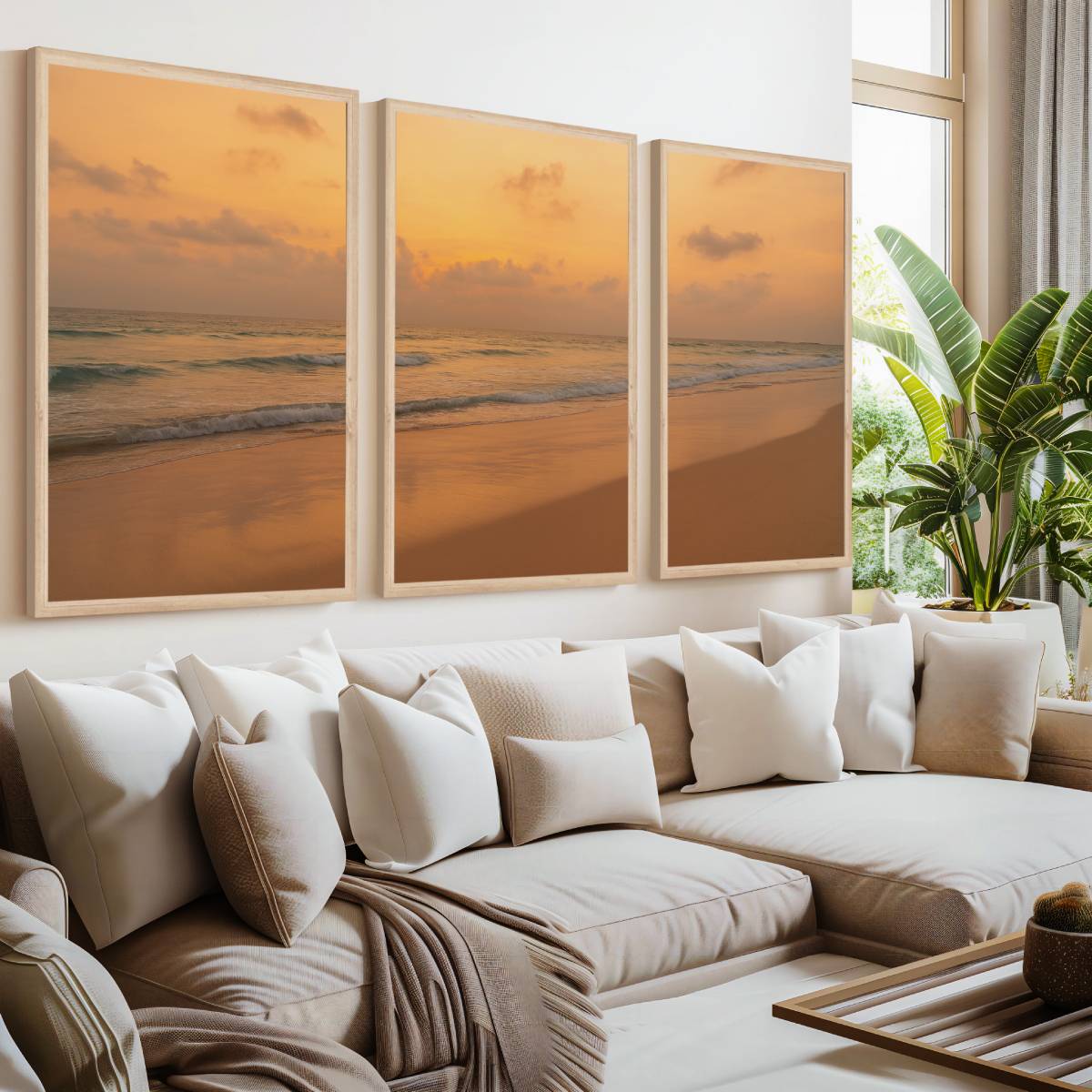 Golden Horizon Sunset Triptych – Warm Ocean View Wall Art

 - Natural Wood Framed Poster No Border - Artworksets