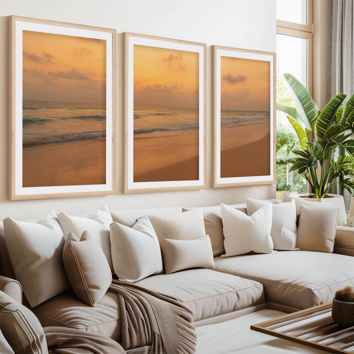 Golden Horizon Sunset Triptych – Warm Ocean View Wall Art

- Natural Wood Framed Poster with White Border - Artworksets