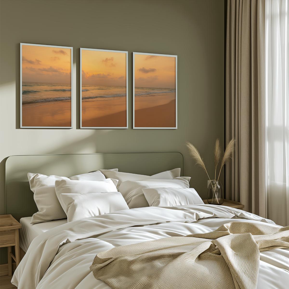 Golden Horizon Sunset Triptych – Warm Ocean View Wall Art

 - White Framed Poster No Border - Artworksets
