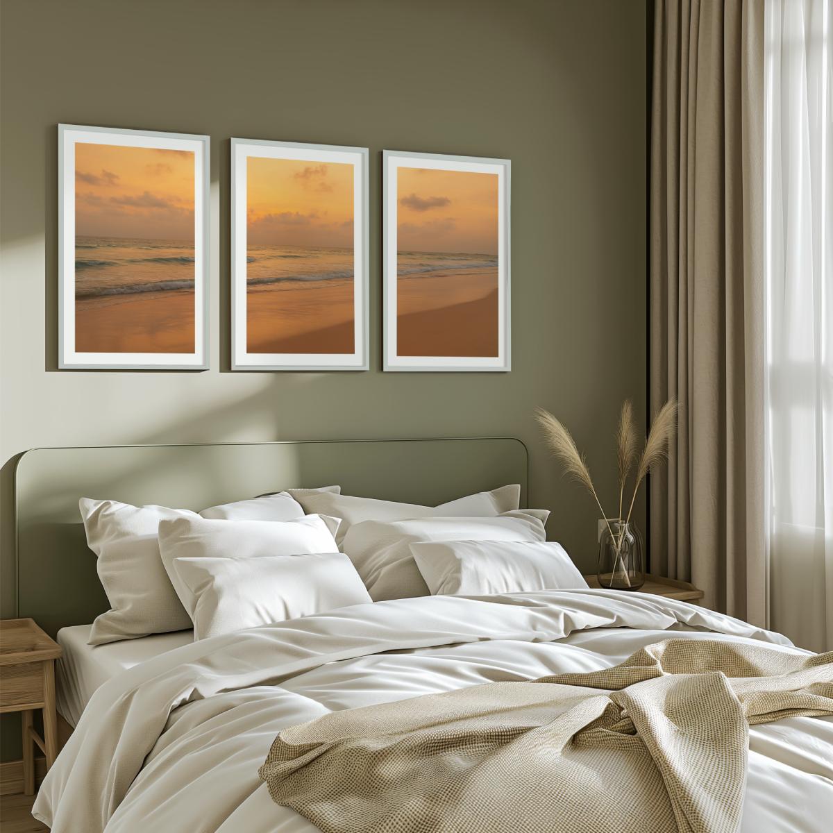 Golden Horizon Sunset Triptych – Warm Ocean View Wall Art

 - White Framed Poster with White Border - Artworksets