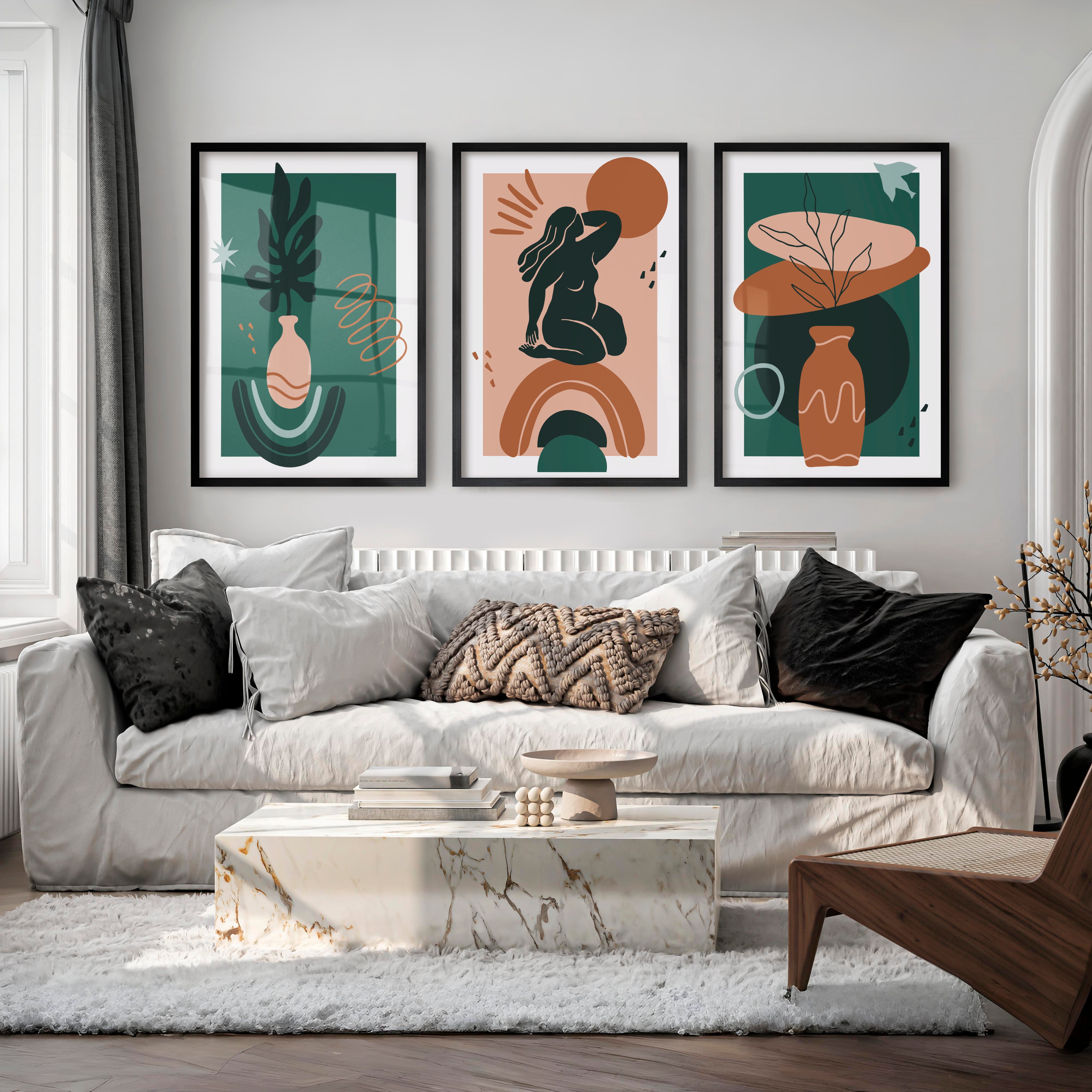 Green Abstract Painting Matisse Inspired Modern Figure Set of 3 - Black Framed Poster No Border - Artworksets
