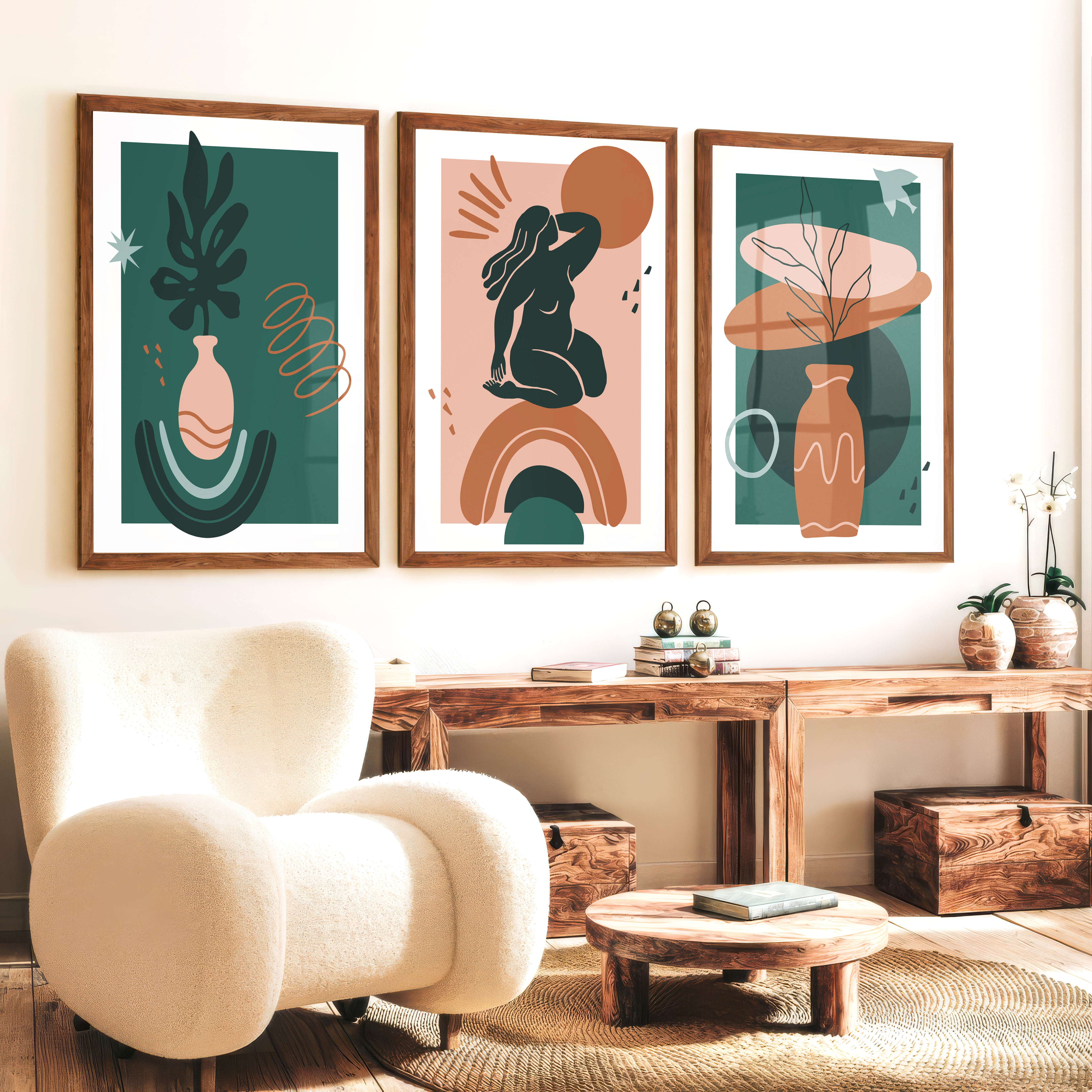 Green Abstract Painting Matisse Inspired Modern Figure Set of 3 - Dark Brown Framed Poster No Border - Artworksets