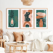 Green Abstract Painting Matisse Inspired Modern Figure Set of 3- Natural Wood Framed Poster with White Border - Artworksets