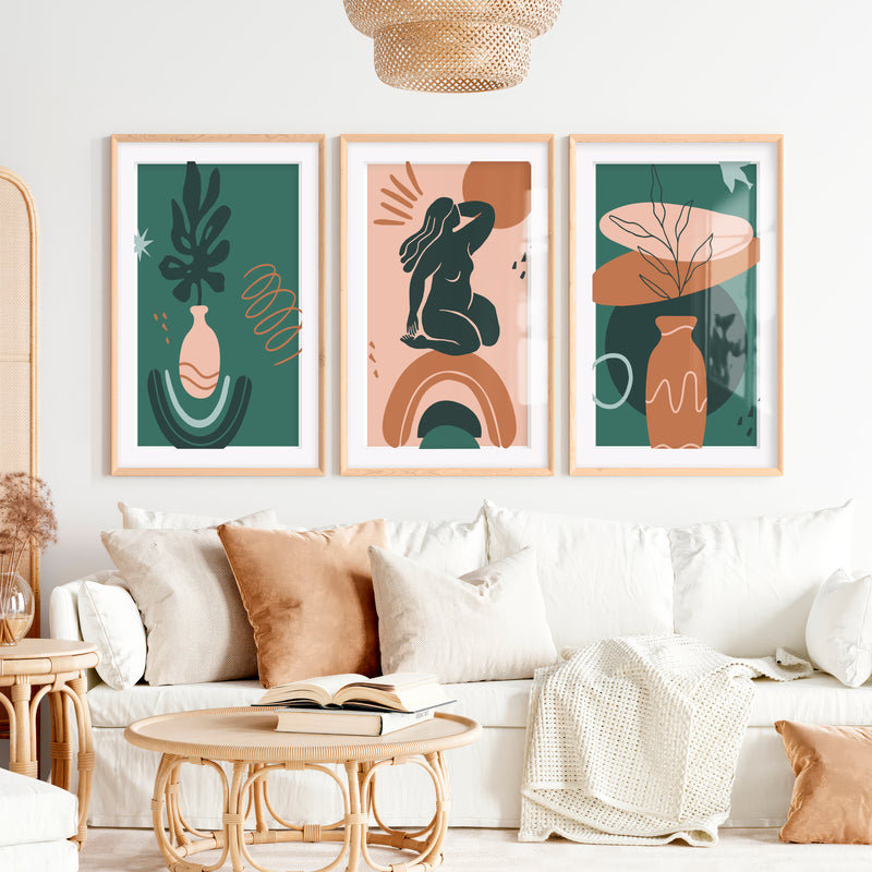 Green Abstract Painting Matisse Inspired Modern Figure Set of 3- Natural Wood Framed Poster with White Border - Artworksets