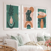 Green Abstract Painting Matisse Inspired Modern Figure Set of 3 - White Framed Poster No Border - Artworksets