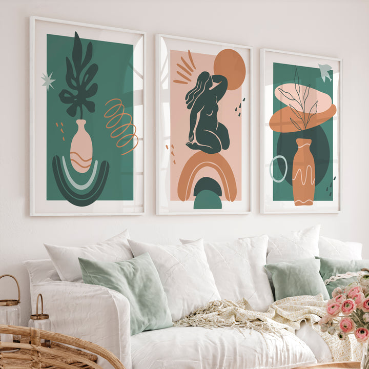 Green Abstract Painting Matisse Inspired Modern Figure Set of 3 - White Framed Poster No Border - Artworksets