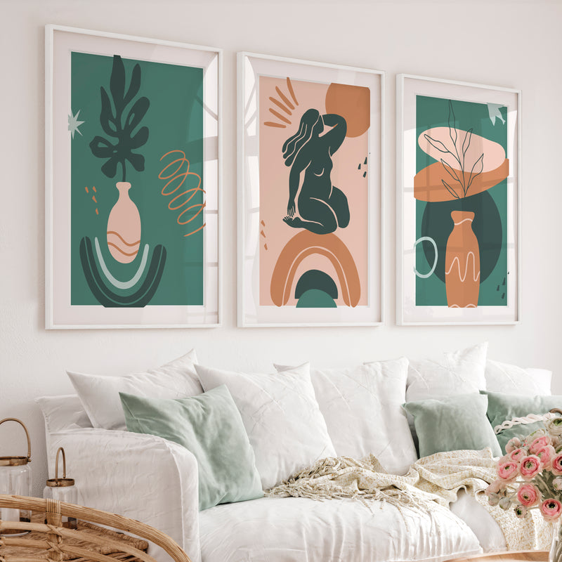 Green Abstract Painting Matisse Inspired Modern Figure Set of 3 - White Framed Poster with White Border - Artworksets
