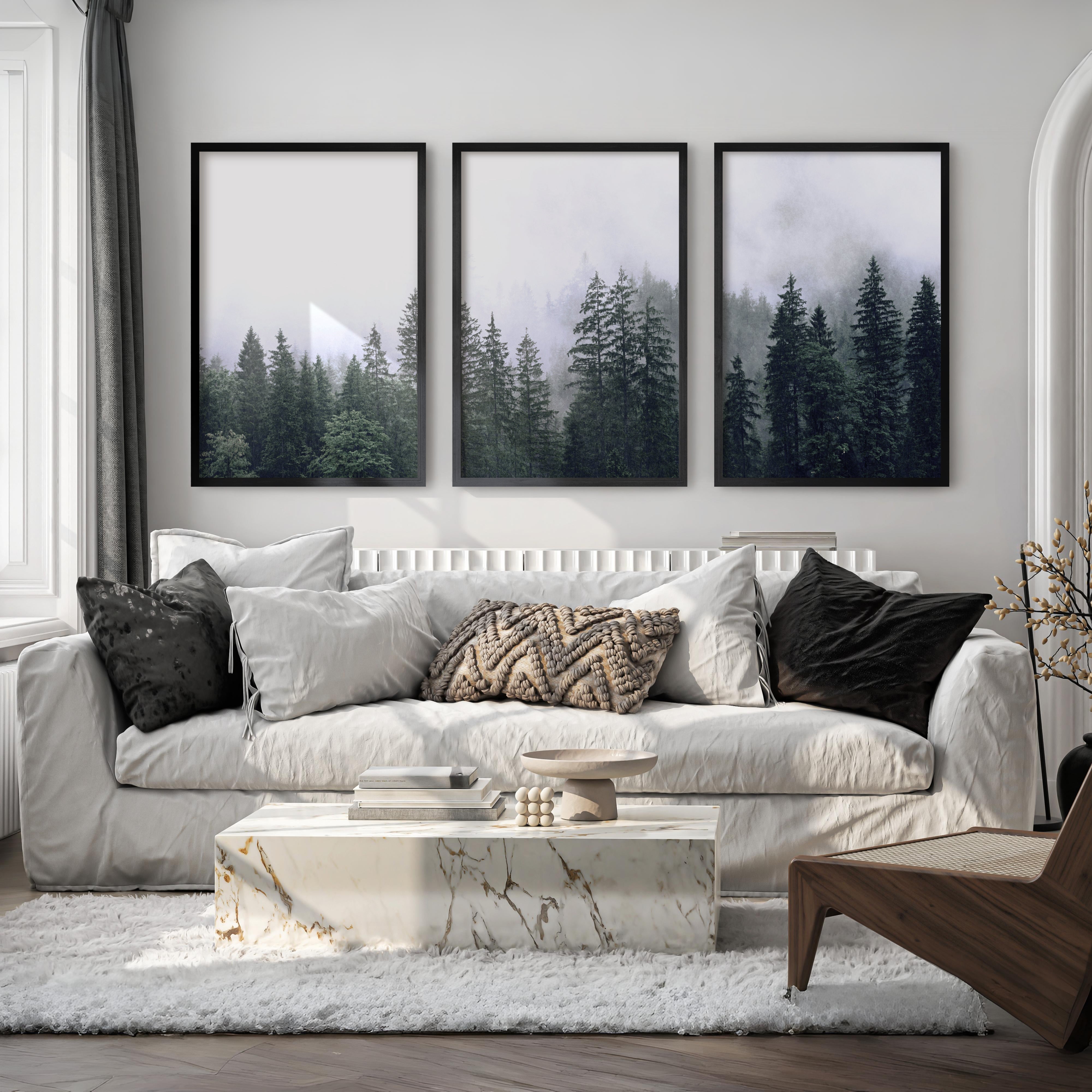 Green Pine Tree Forest – Foggy Nature Wall Art Prints - Black Framed Poster No Border - Artworksets