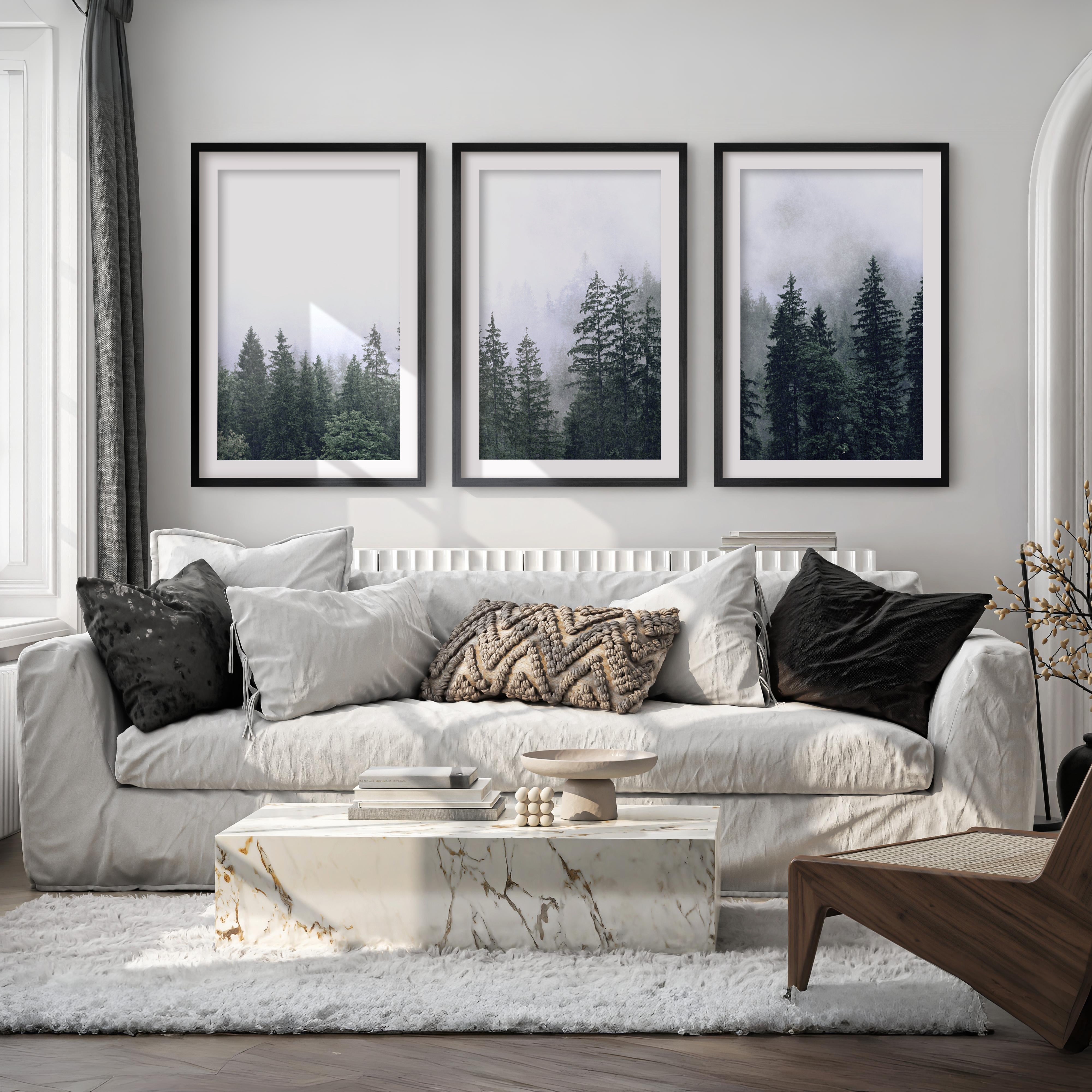 Green Pine Tree Forest – Foggy Nature Wall Art Prints - Black Framed Poster with White Border - Artworksets