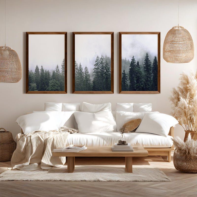 Green Pine Tree Forest – Foggy Nature Wall Art Prints - Dark Brown Framed Poster No Border - Artworksets