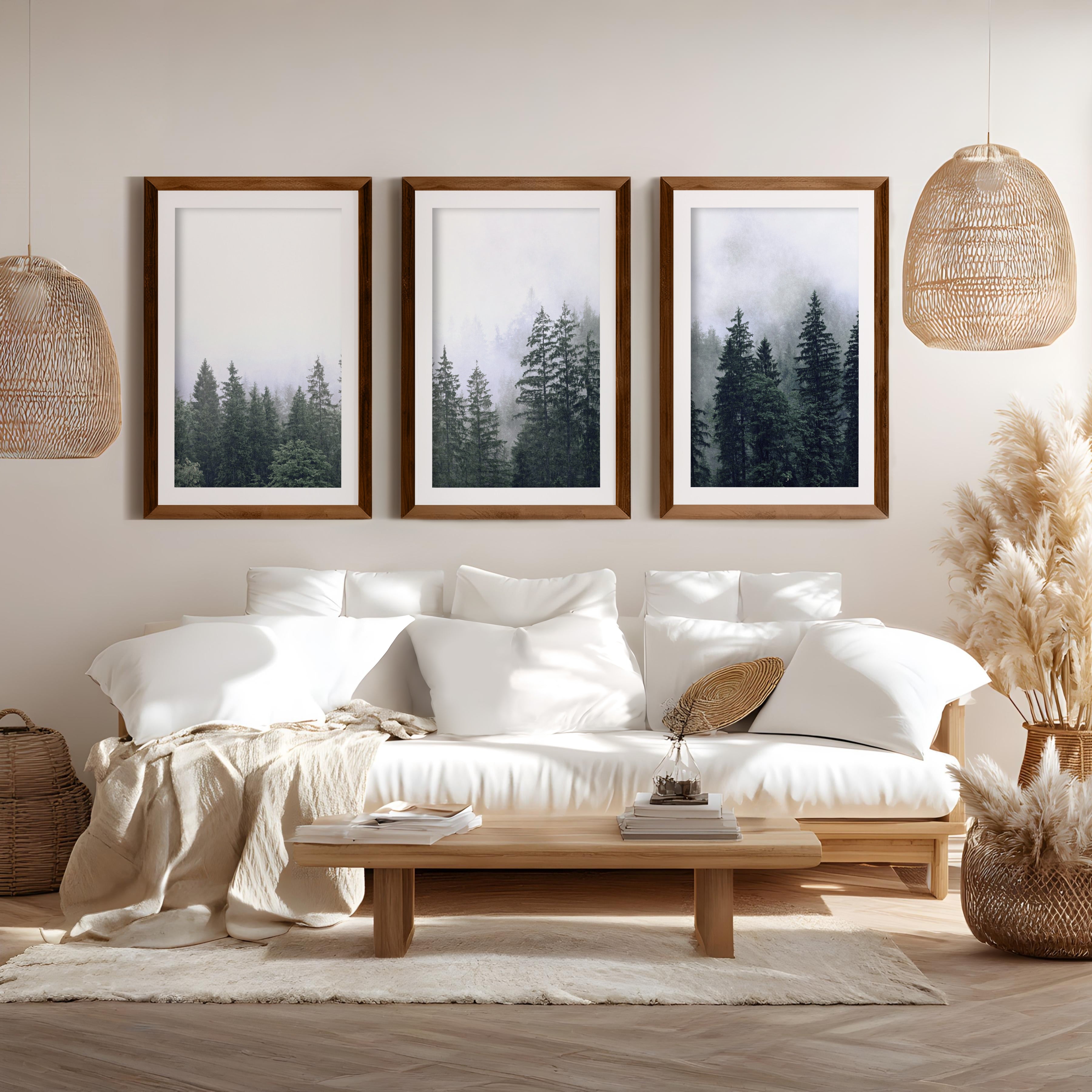 Green Pine Tree Forest – Foggy Nature Wall Art Prints - Dark Brown Framed Poster with White Border - Artworksets