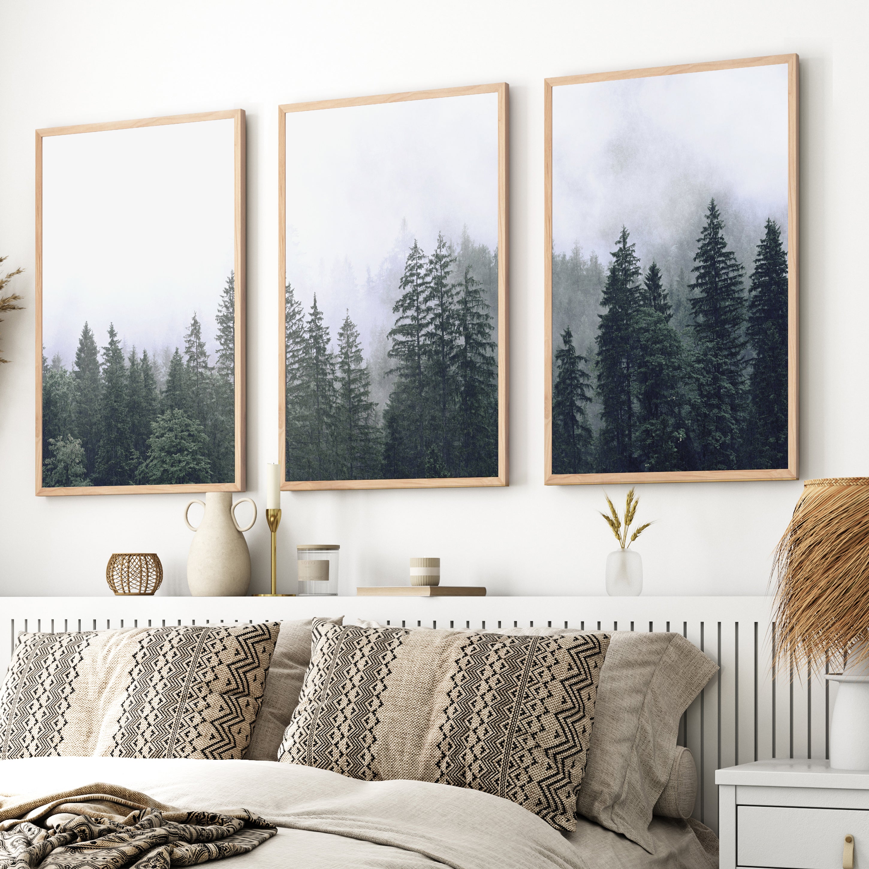 Green Pine Tree Forest – Foggy Nature Wall Art Prints - Natural Wood Framed Poster No Border - Artworksets