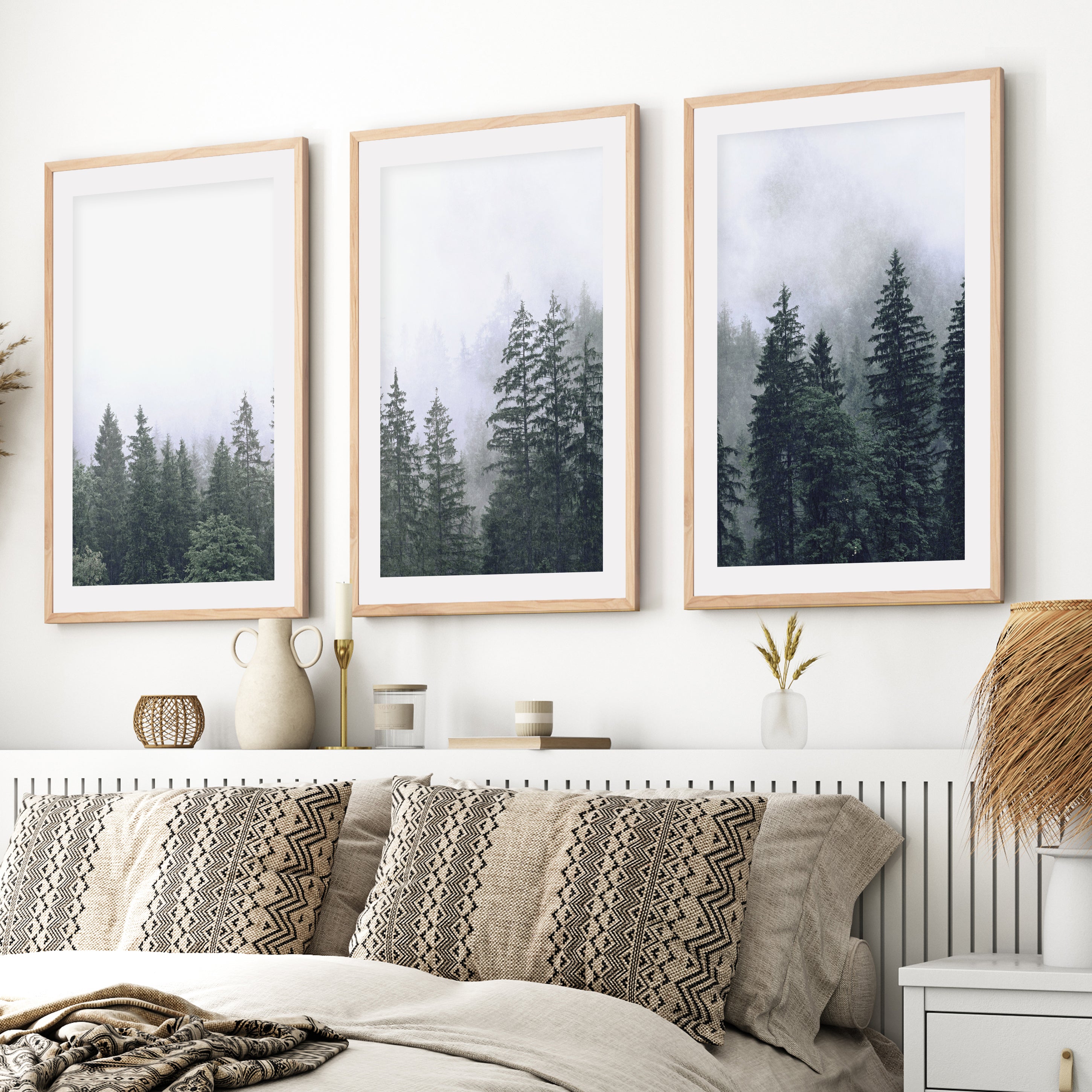 Green Pine Tree Forest – Foggy Nature Wall Art Prints- Natural Wood Framed Poster with White Border - Artworksets