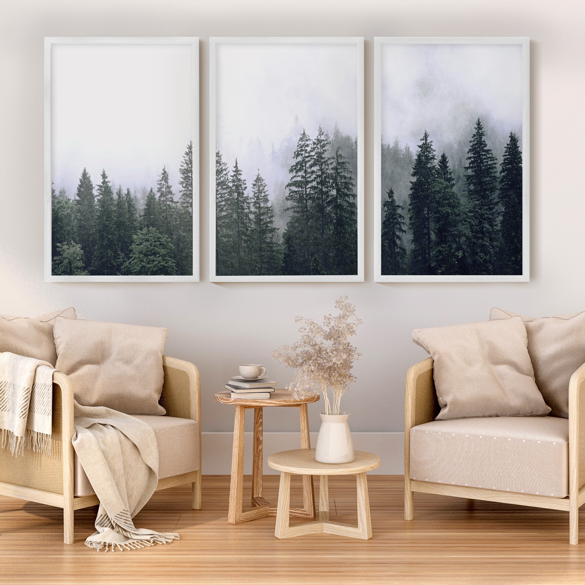 Green Pine Tree Forest – Foggy Nature Wall Art Prints - White Framed Poster No Border - Artworksets